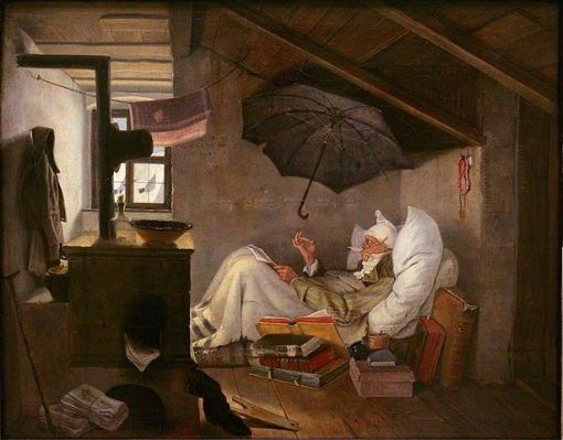 Carl Spitzweg - Der arme Poet (Neue Pinakothek München) Mann im Bett mit Schirm in einer Dachkammer